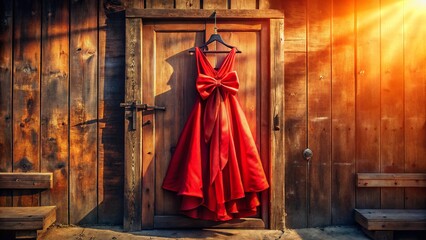 Naklejka premium Red Dress, Wooden Door, Sunlight, Bow, Fashion Photography
