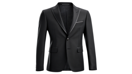 3D rendering of a black blazer. The blazer has a single-breasted design with a notched lapel. It has two buttons on the front and two flap pockets on the sides.  On Transparent Background
