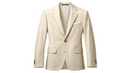 3D rendering of a light cream color blazer. The blazer has a single-breasted design with a notched lapel. It has two buttons on the front and two flap pockets on the sides. On Transparent Background