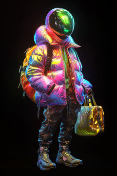 Robot looking like alien dressed in iridescent down jacket stands holding bag. Artificial intelligence illustration isolated on black background.