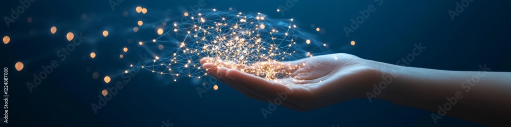 Aufkleber connections in hand luminescent web of nodes and lines on blue, abstract technology concept