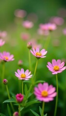 Tiny pink flowers blooming in a bed of green grass, detail, flowers