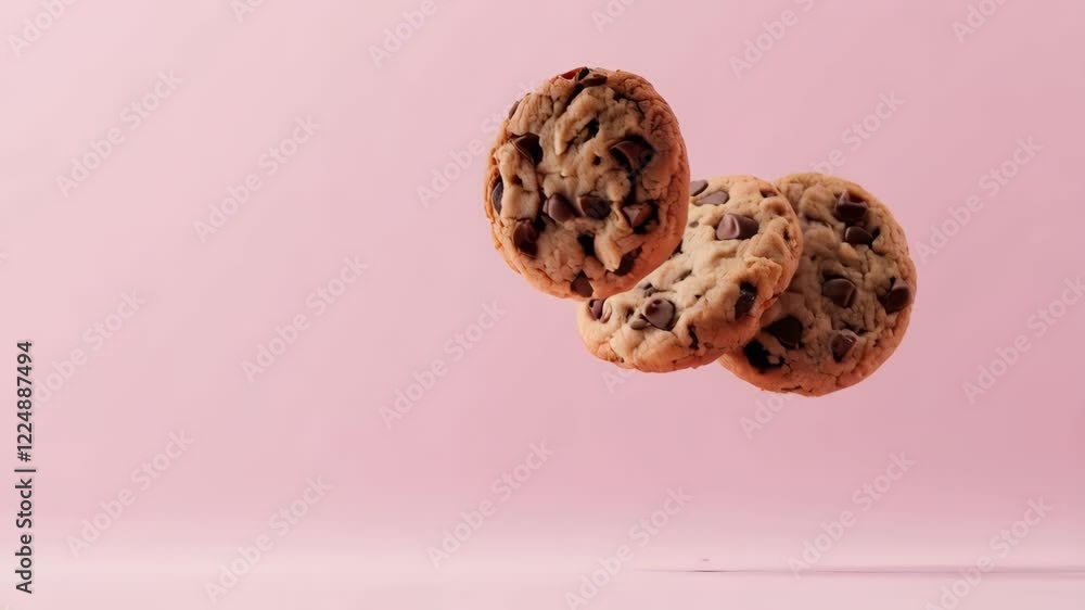 Aufkleber Three chocolate chip cookies and some chocolate chips are levitating on a pink background, creating a visually appealing and tempting scene