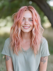 Gen Z female with pink hair and tattoos outdoors