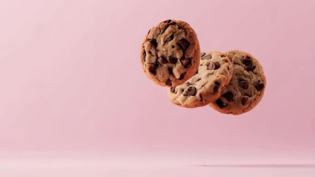 Three chocolate chip cookies and some chocolate chips are levitating on a pink background, creating a visually appealing and tempting scene