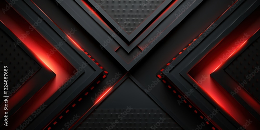 Poster abstract red and black geometric design with glowing lines and shapes modern digital art background