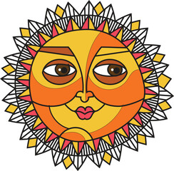 God Surya or sun is in Indian folk art in Pinguli style. for textile printing, logo, wallpaper	