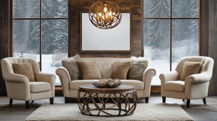 Modern living room with blank painting mockup, neutral beige sofa and armchairs, large window showcasing natural landscape, round coffee table, and hanging chandelier, embodying minimalist home design