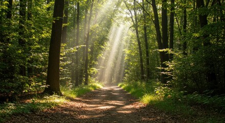 Obraz premium Sunbeams through the Woods: A Serene Forest Path