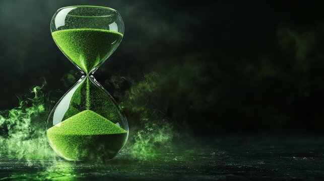 An artistic digital hourglass featuring vibrant green sand flowing downward, symbolizing environmentally friendly time management and the execution of effective sustainable practices
