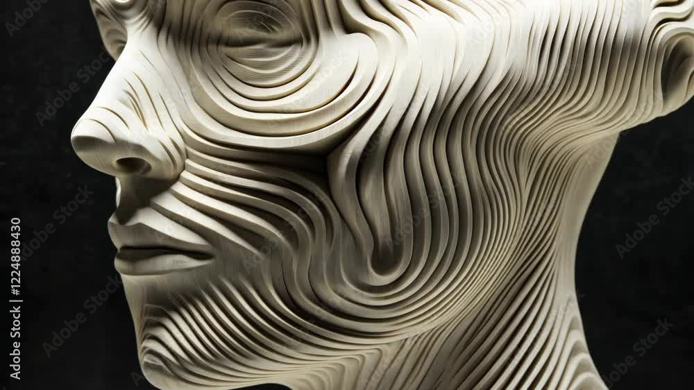 Poster Abstract sculpture of a human face with intricate wavy patterns in a minimalistic style