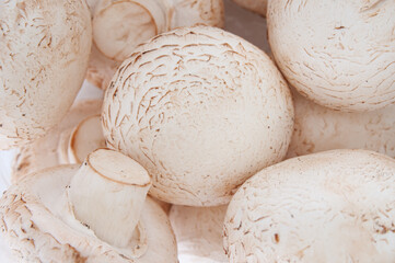 Heap of fresh whole champignons close up
