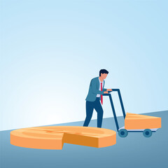 A man pushing a trolley with a coin section on it. Illustration of profit sharing, dividends, and shareholders.