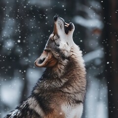 Graceful wolf howling misty mountain winter landscape surrounded golden sunrise glowing in serene soft light