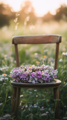 A lilac flower crown resting on a wooden chair in a meadow, with wildflowers scattered around and a soft-focus background. Vertical illustration