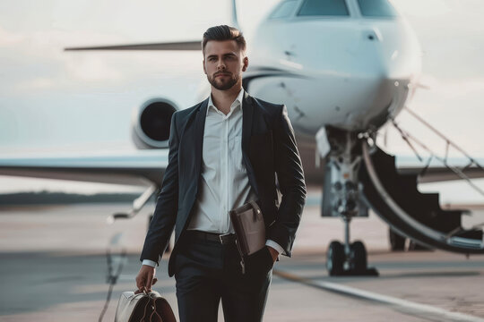 Giovane uomo d'affari in elegante abito, cammina con sicurezza in un aeroporto privato accanto a un jet moderno, telefono in mano e borsa di pelle, simbolo di successo e libert&agrave;