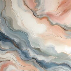Abstract painting with smooth lines and pastel shades of blue, pink and beige, reminiscent of marble patterns, for use in interior design and decoration