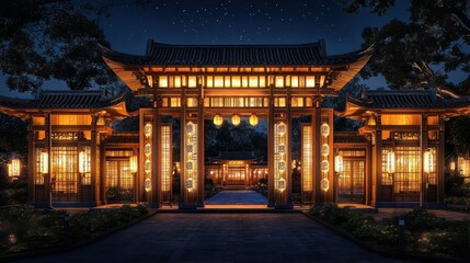 A Beautifully Lit Asian-Style Gate At Night, Glowing Warmly Against The Dark Backdrop. The Scene Is Peaceful And Serene, Evoking A Sense Of Tranquility And Mystery.