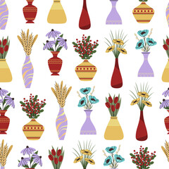 Vector seamless pattern with flowers in vases on white background