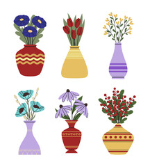 Set of vector isolated flowers in vases