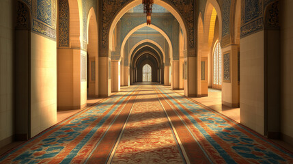 Obraz premium Islamic Mosque Interior Sunlit Corridor with Ornate Arches and Carpets