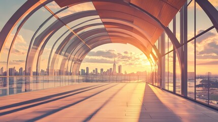 City skyline view at sunset from modern bridge structure 