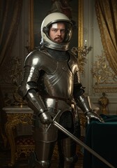 Knight in shining armor with modern helmet in ornate room interior setting