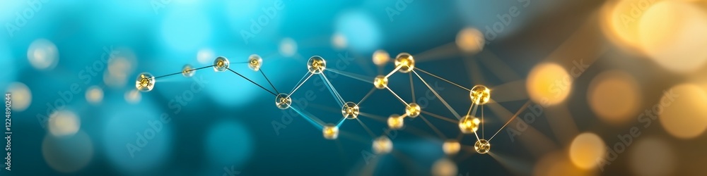 Poster golden connected nodes on a vivid turquoise graph, abstract data visualization and network concept