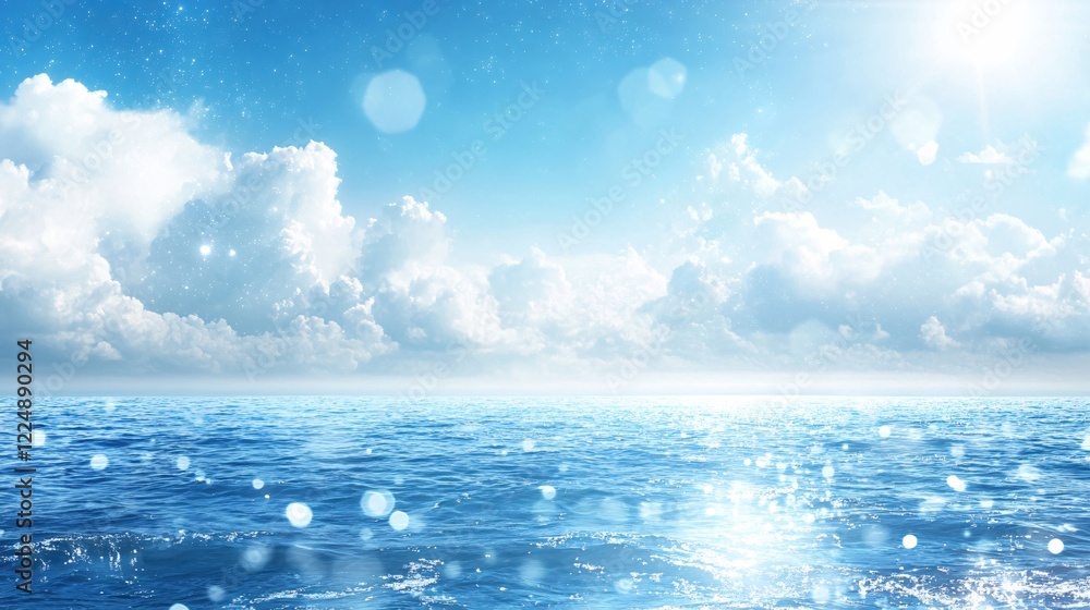 Poster calm ocean under a bright sky with fluffy clouds and sparkling light creating a peaceful scene