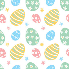 Easter eggs, spring.  Seamless pattern on white background. Vector.