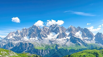 Obraz premium Majestic alpine mountain range under a clear blue sky, panoramic view, perfect for travel brochures
