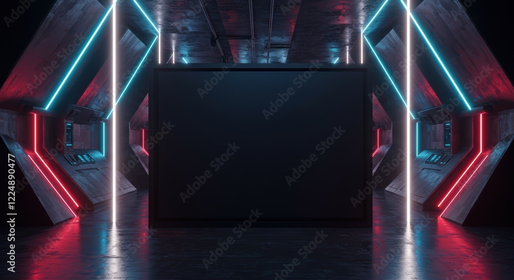 Poster futuristic neon corridor with blank screen display in sci-fi environment