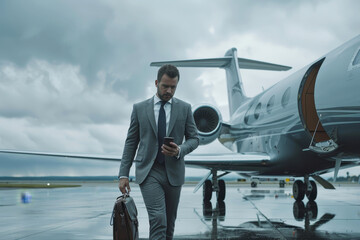 Giovane uomo d'affari in elegante abito, cammina con sicurezza in un aeroporto privato accanto a un jet moderno, telefono in mano e borsa di pelle, simbolo di successo e libertà
