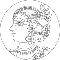 Lord's Gopika, Sevika, or lady servants have been drawn in Indian folk art in Kalamkari style. for textile printing, logo, wallpaper	
