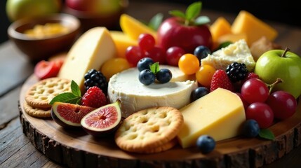 A delectable arrangement of assorted cheeses, fresh fruits, and crispy crackers on a rustic wooden board
