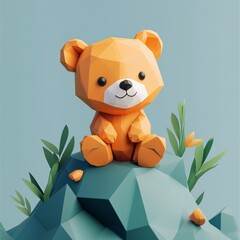 teddy bear with flowers on hill 3D cartoon on background