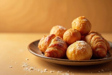 Golden-brown pastries, a delightful mix of flaky croissants and sweet fried dough balls, dusted with powdered sugar, rest on a dark plate against a warm background.