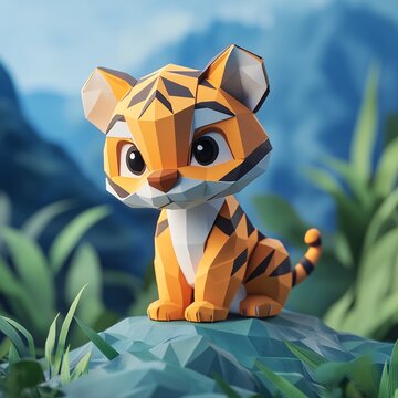 tiget on hill 3D cartoon on background