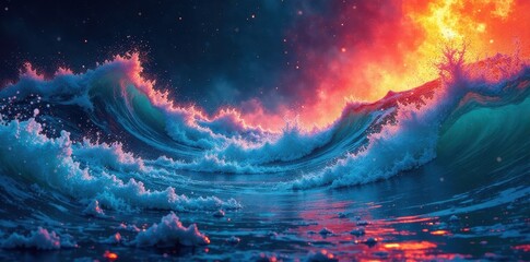 Fototapeta premium Ocean Waves Crashing Under a Fiery, Starlit Sky A Vivid Seascape of Dynamic Energy and Celestial Brilliance