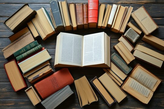 Open book surrounded by antique books on wooden table, reading, education, library