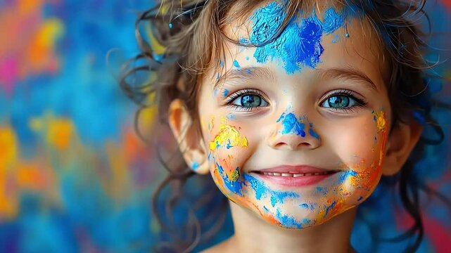 Smiling child with colorful paint spots on face, close up. Happy child face painted with colorful paint. Cute little girl celebrating Holi festival.