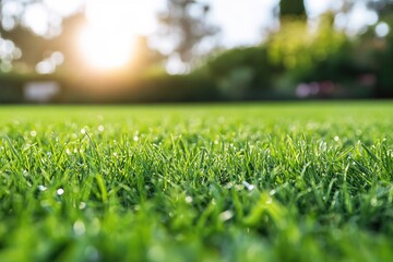 Naklejka premium Green grass field with sunlight in the background creating a soft bokeh effect in summer