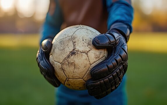 Gripping Victory: A goalkeeper's hands secure a well-worn soccer ball. A moment of intense focus.