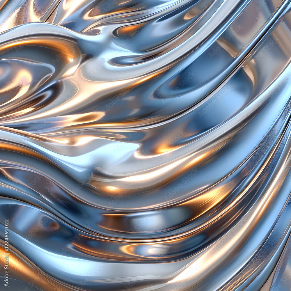 Poster abstract metallic waves with blue and orange reflections creating a fluid texture.