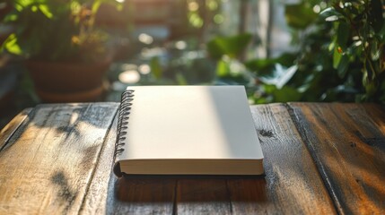 Blank spiral notebook on wooden table, bathed in sunlight. Perfect for concepts of planning, writing, or new beginnings.