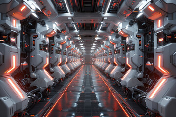 A futuristic sci-fi corridor with high-tech pods, illuminated by red and white neon lights. A sleek, advanced technological environment resembling a spaceship or research facility