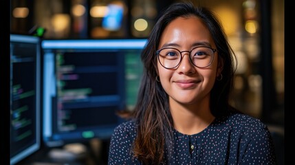 A Focused Female Programmer in a Modern Tech Environment Smiling Confidently While Surrounded by Computer Screens Displaying Code and Data Analytics