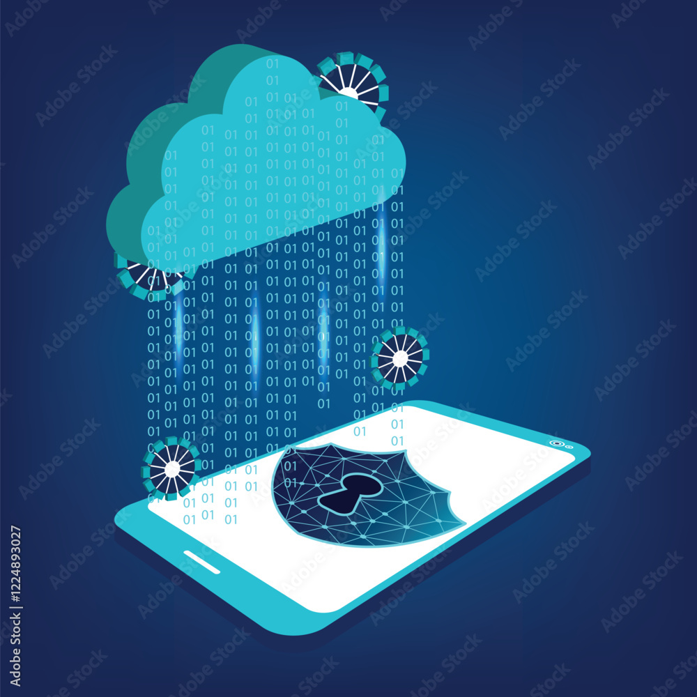 Poster cloud storage and technology, web hosting, data backup isometric concept