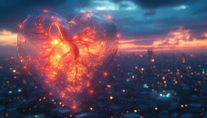 Fototapeta premium Valentine Heart Illuminated Over City at Dusk with Red Veins