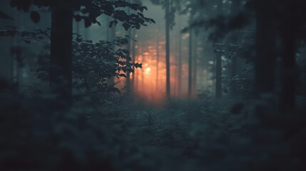 Enchanting forest bathed in early morning mist, with soft sunlight breaking through the trees, creating a magical and serene atmosphere that captures the tranquil beauty of nature at dawn.